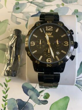 OLEVS Black and Gold Chronograph Watch with Multi Features